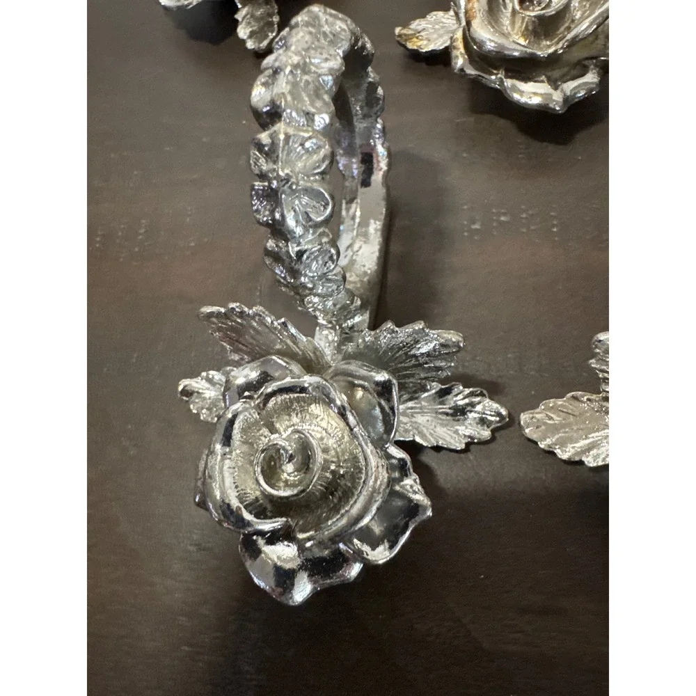 Princess House Silver Rose Napkin Rings Set 7 Floral Metal Table Decor Vintage